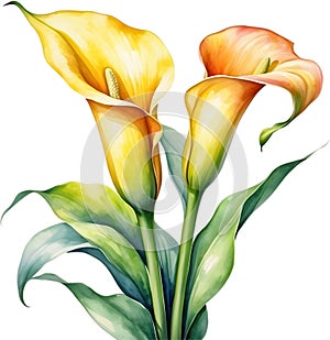 Watercolor painting of a Calla Lily (Zantedeschia) flower. AI-Generated.