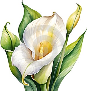 Watercolor painting of a Calla Lily (Zantedeschia) flower. AI-Generated.