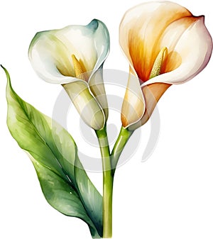 Watercolor painting of a Calla Lily (Zantedeschia) flower. AI-Generated.