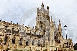 Watercolor painting on canvas. Gloucester Gloucestershire Great Britain, Europe. Travel illustration. Architecture of the city