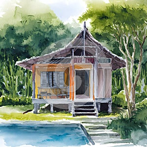 Watercolor painting captures serene essence of traditional bahay kubo