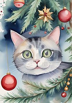 A Watercolor Painting Of A Cat With Christmas Decorations. Generative AI