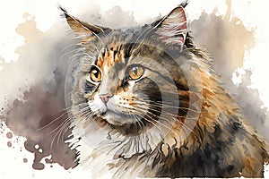 Watercolor Painting Cat Portrait. Generative AI/