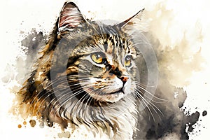 Watercolor Painting Cat Portrait. Generative AI/