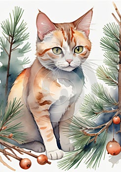 A Watercolor Painting Of A Cat Sitting In A Pine Tree. Generative AI