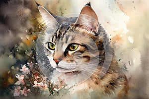 Watercolor painting of a cat on a white background. Pet. Animals. Illustration, generative AI photo