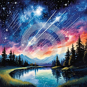 Watercolor Painting of Celestial Symphony During a Meteoric Overture