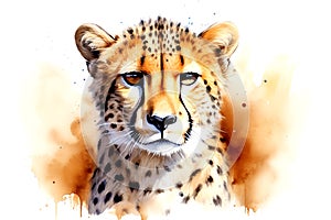 Watercolor painting of cheetah head on a clean background. Wild Animals.