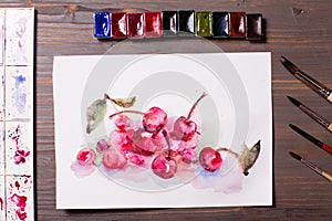 Watercolor painting cherries