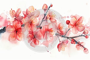 A watercolor painting of a cherry blossom branch with pink flowers