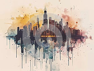 Watercolor painting of Chicago skyline at sunset