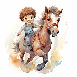 watercolor painting of a child boy riding on a horse on white background generative AI