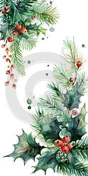 Watercolor painting of a Christmas tree with holly and berries