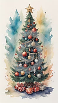 A watercolor painting of a Christmas tree with ornaments in