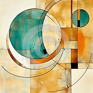 Watercolor Painting With Circles And Shapes In Light Cyan And Dark Amber