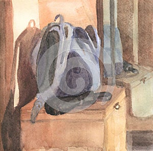 Watercolor painting of City bag and umbrella in the hallway.