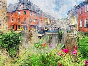 Watercolor painting of cityscape of Bad Muenstereifel in Germany