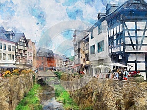 Watercolor painting of cityscape of Bad Muenstereifel in Germany