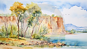 Watercolor Painting Of Cliff And Trees With Uhd Image Style