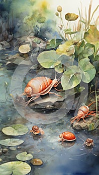 Watercolor painting: A close-up view of freshwater invertebrates, such as snails, crayfish, and damselflies, living in their photo