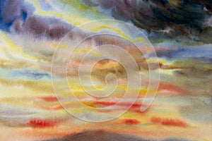 Watercolor painting cloud, sky colorful of rain-cloud in air.