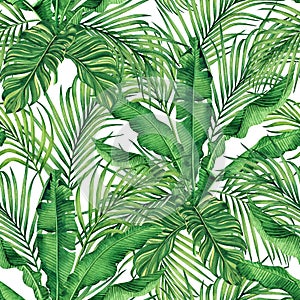 Watercolor painting coconut,banana,palm leaf,green leave seamless pattern background.Watercolor hand drawn illustration tropical e