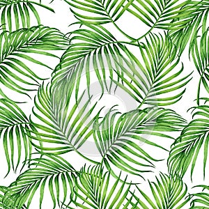 Watercolor painting coconut,banana,palm leaf,green leaves seamless pattern background.Watercolor hand drawn illustration tropical