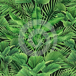 Watercolor painting coconut,banana,palm leaf,green leaves seamless pattern background.Watercolor hand drawn illustration tropical