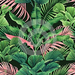 Watercolor painting coconut,banana,palm leaf,green ,pink leaves seamless pattern background.Watercolor summer illustration tropica