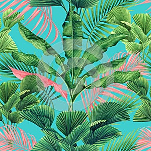 Watercolor painting coconut,banana,palm leaf,green ,pink leaves seamless pattern background.Watercolor summer illustration tropica