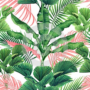 Watercolor painting coconut,banana,palm leaf,green ,pink leaves seamless pattern background.Watercolor summer illustration tropica