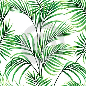 Watercolor painting coconut,palm leaf,green leaves seamless pattern background.Watercolor hand drawn illustration tropical exotic