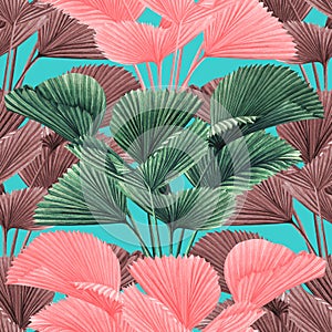 Watercolor painting coconut,palm leaf,green,pink,brown leaves seamless pattern background.Watercolor vintage summer illustration t