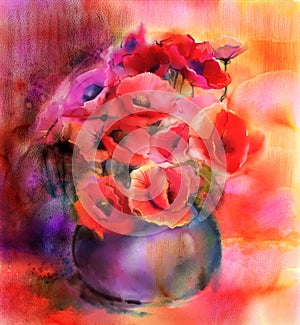 Watercolor painting Colorful Bouquet of poppy flowers in vase