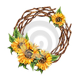 Watercolor painting colorful floral wreath with sunflowers, leaves, foliage, branches and place for your text.