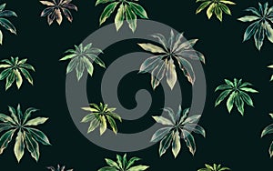 Watercolor painting colorful leaf seamless pattern on dark background.Watercolor hand drawn illustration palm leaves tropical exot