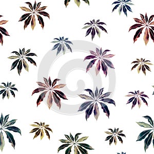 Watercolor painting colorful leaf seamless pattern on white background.Watercolor hand drawn illustration palm leaves tropical exo