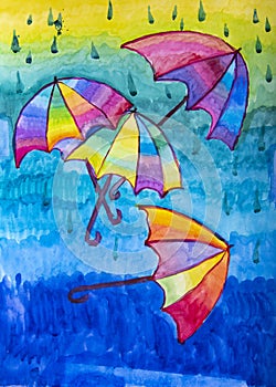 Watercolor painting with colorful rainbow umbrellas, raindrops and water.