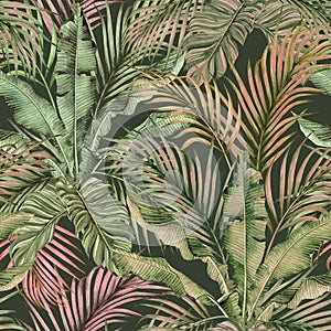 Watercolor painting colorful tropical green,pink leaves seamless pattern background.Watercolor hand drawn illustration tropical ex