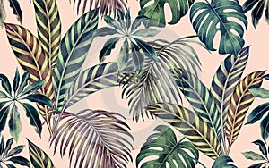 Watercolor painting colorful tropical leaf,green leave seamless pattern background.Watercolor hand drawn illustration tropical exo