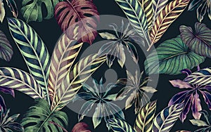 Watercolor painting colorful tropical leaf,green leave seamless pattern dark background.Watercolor hand drawn illustration tropic