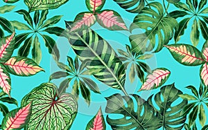 Watercolor painting colorful tropical palm leaf,green leaves seamless pattern background.Watercolor hand drawn illustration tropic