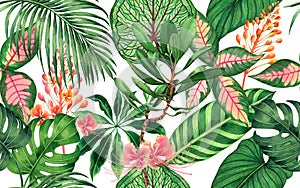 Watercolor painting colorful tropical palm leaf,green leaves seamless pattern background.Watercolor hand drawn illustration tropic