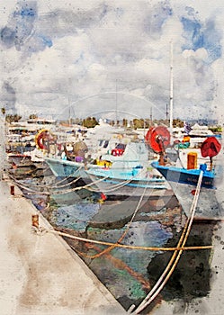 Watercolor painting of colourful traditional fishing boats moored in the harbour in paphos cyprus