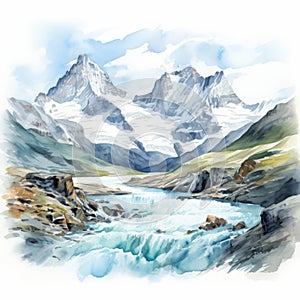 Watercolor Painting Of Columbia Icefield In The Alps