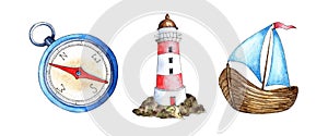 Watercolor painting compass, lighthouse, sailboat. Naval support, sailor property.