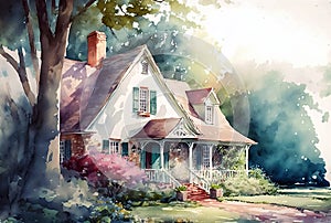 Watercolor painting of a cottage in the countryside. Countryside landscape, spring season, printable art