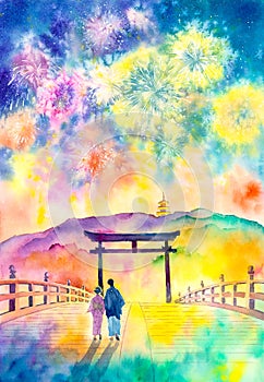 Watercolor Painting - Couple under  Firework Night Sky