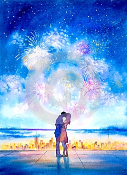 Watercolor Painting - Couple Under Starry Night sky