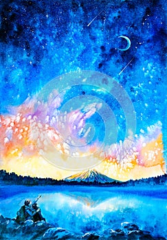 Watercolor Painting - Couple Under Starry Night sky